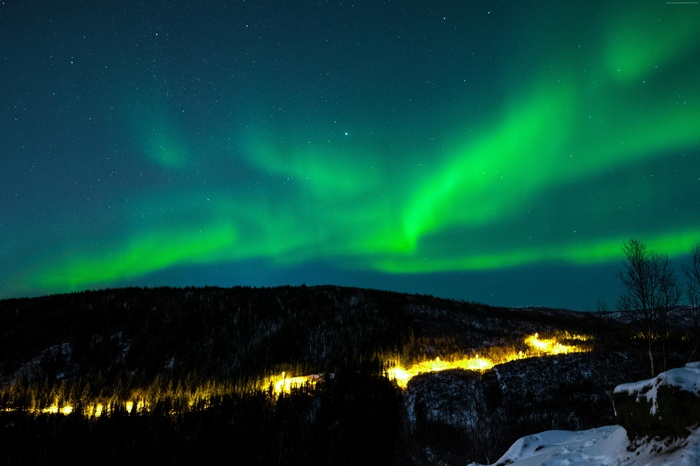 Northern Lights over a forest and mountains