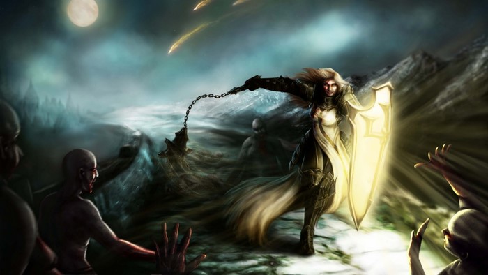 Warrior with shield and flail fighting zombies in Diablo III