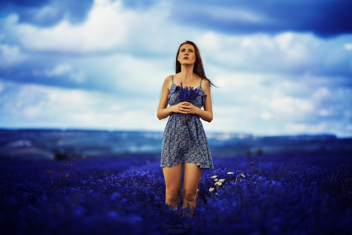 Woman in blue dress holding lavender in a field