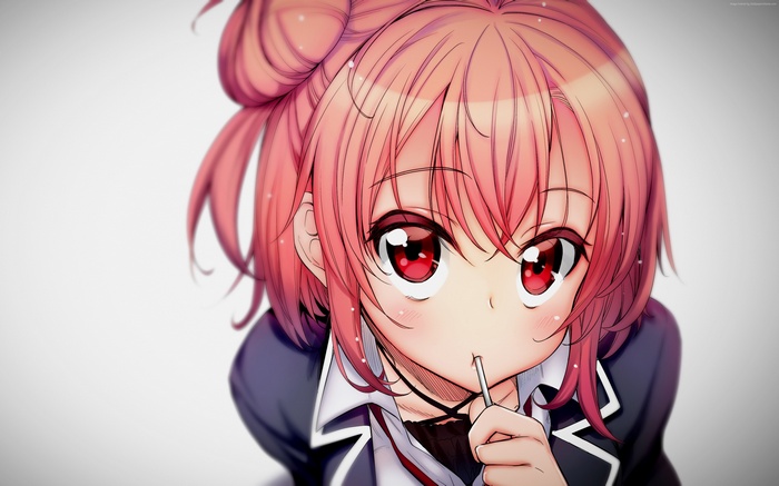 Girl with pink hair and red eyes holding a lollipop