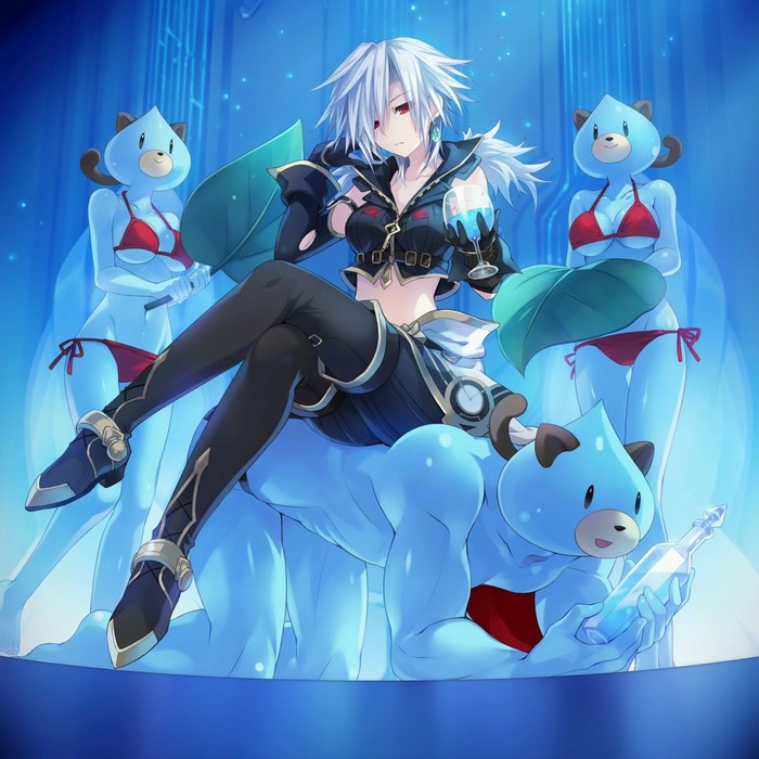 Anime girl with white hair and red eyes holding a drink