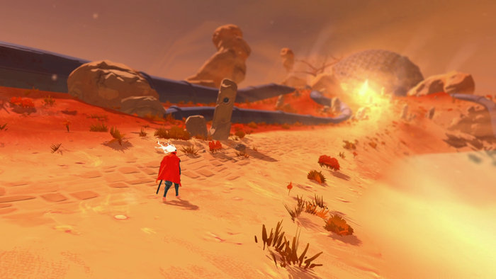 Character with red cape in a desert landscape