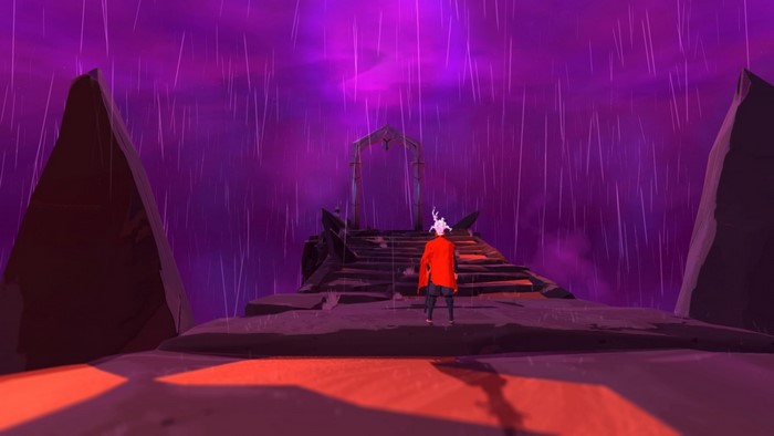 Character in red coat facing an archway in Furi