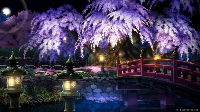 Night garden with purple wisteria and red bridge