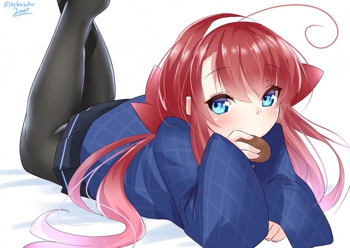 Anime girl with red hair eating a cookie
