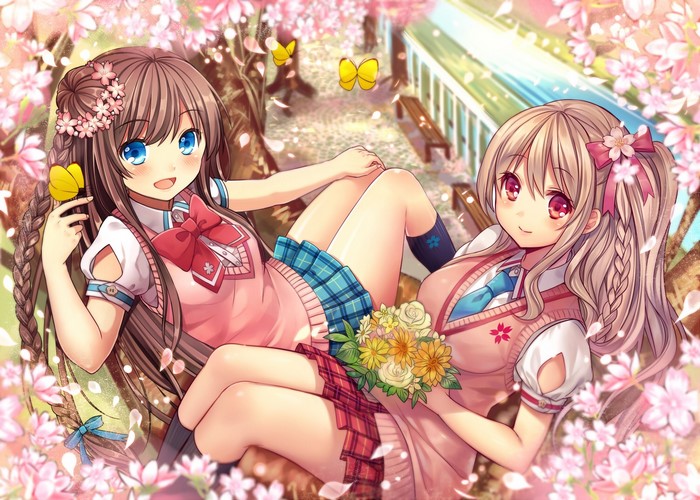 Two anime schoolgirls in a cherry blossom garden