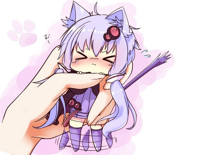 Chibi cat girl being squeezed by a hand