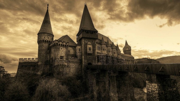 Corvin Castle, Romania, sepia toned