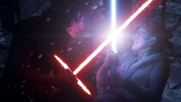 Kylo Ren and Rey from Star Wars fighting with lightsabers