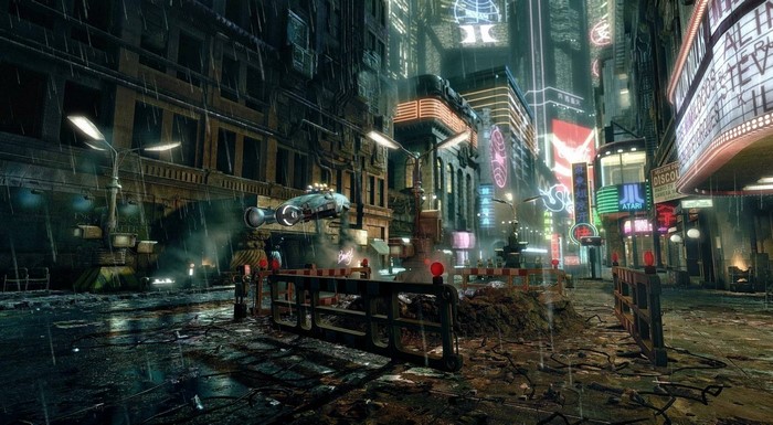 Cyberpunk city street at night with flying car