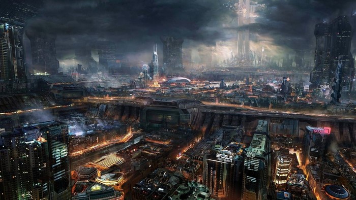 Cyberpunk cityscape at night with towering skyscrapers