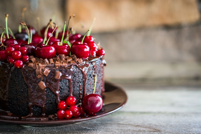 Chocolate cake with cherries and red currants