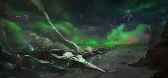 Crashed spaceship in a stormy alien landscape