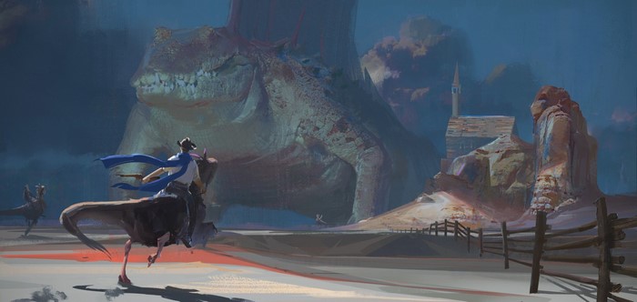 Cowboys riding dinosaurs in front of a giant dinosaur and a building