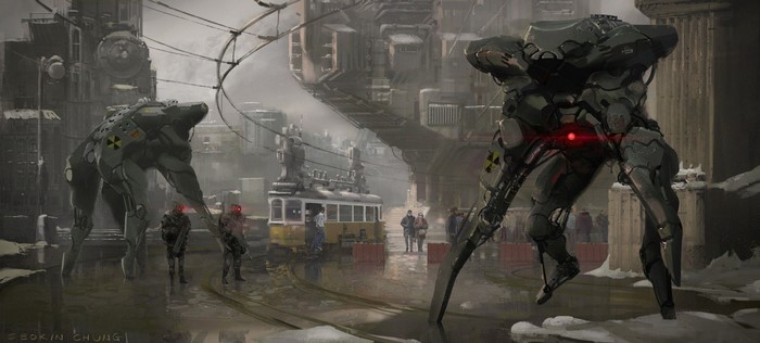 Mechs and soldiers in a post-apocalyptic city with a tram