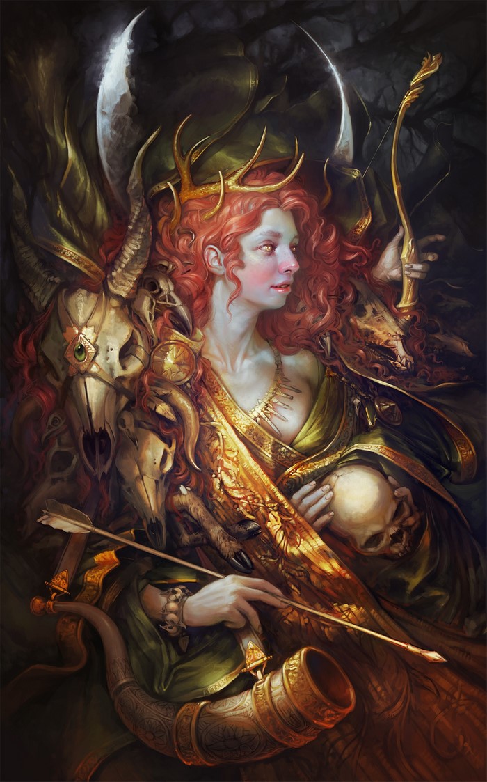 Woman warrior with red hair, antlers, and bow