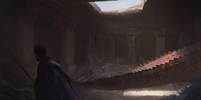 Fantasy art of a ruined temple with a person and a dragon tail