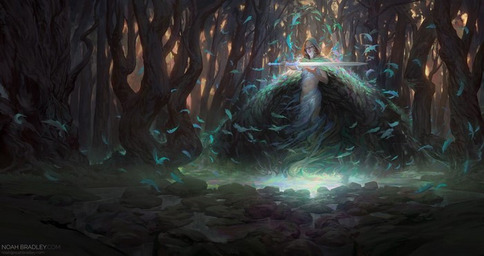 A figure with a sword in a dark, mystical forest