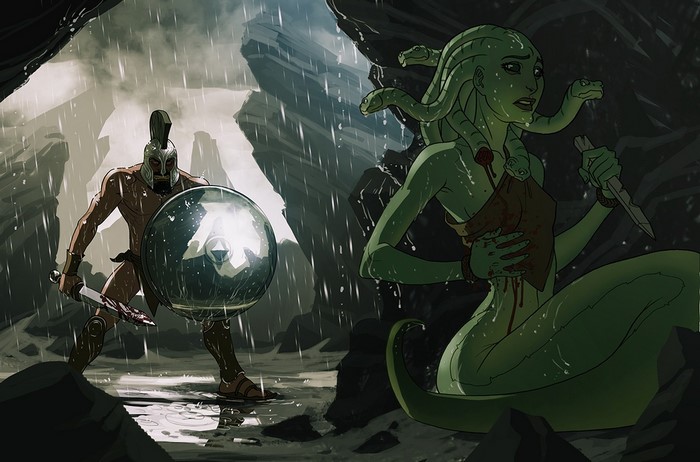 Spartan warrior fighting Medusa in the rain