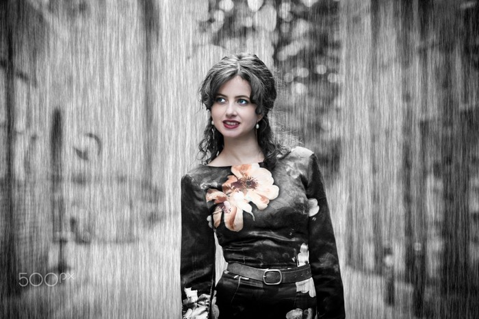 Elegant Woman in Rain with Floral Black Dress