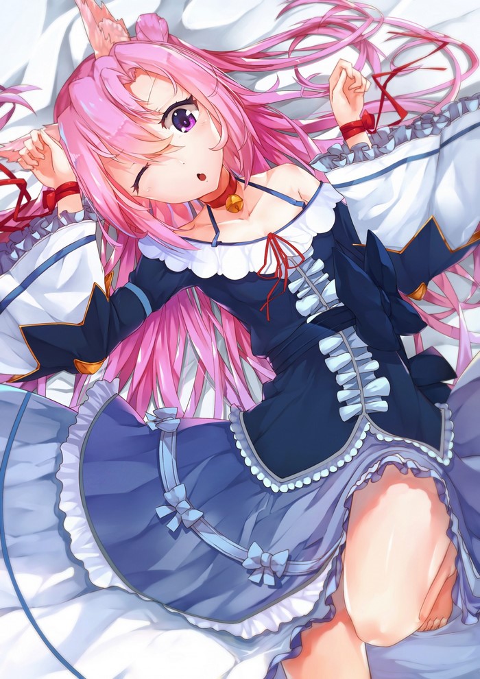 Anime girl with pink hair and cat ears in a dress