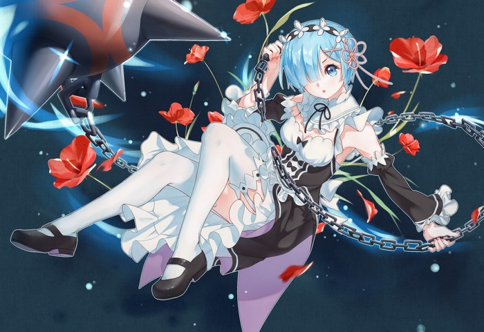 Rem from Re:Zero holding a flail with poppies