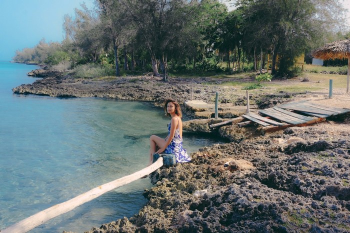Nathalie Kelley sitting on a log by the sea