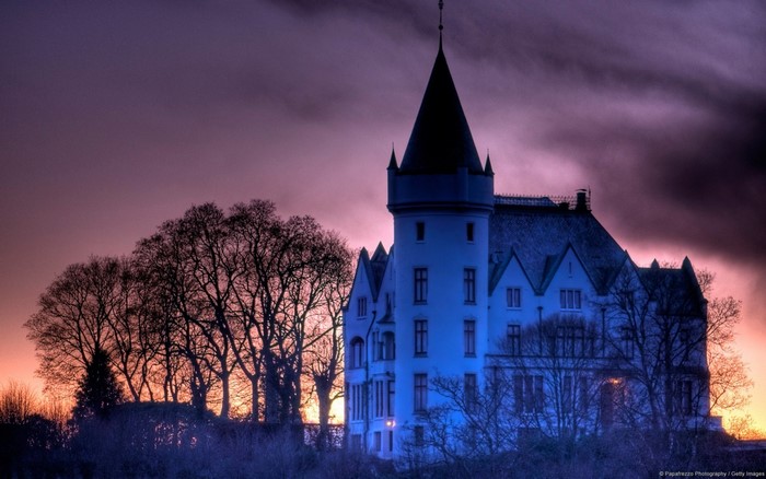 Castle with spire at dusk with bare trees