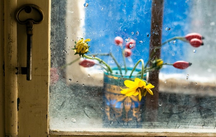 Old key and flowers on a rainy window