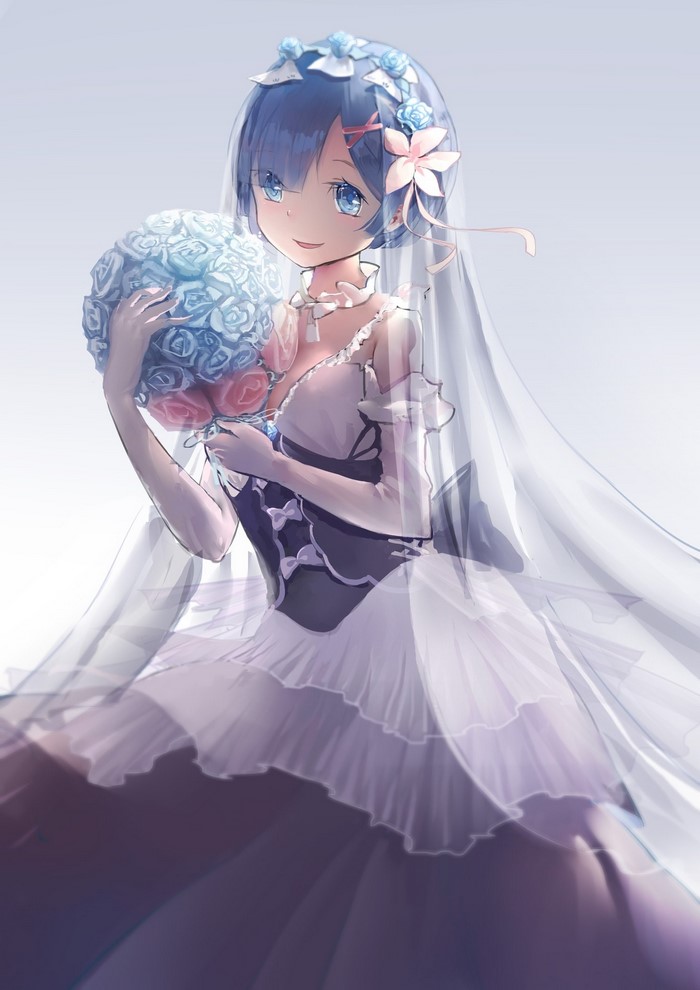 Rem from Re:Zero in a wedding dress holding a bouquet