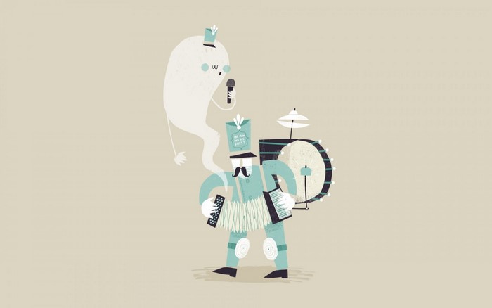 Ghost singing with a marching band member playing accordion and drums