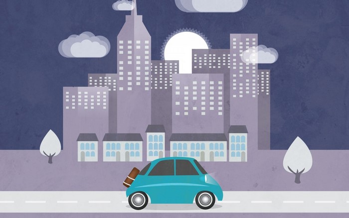 Blue car driving in a stylized city at night