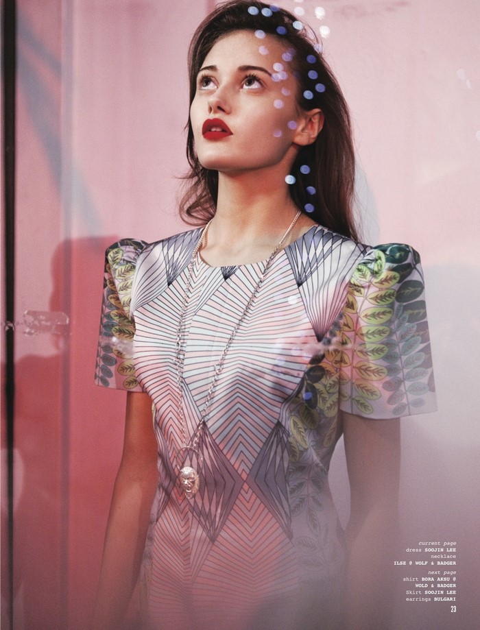 Model in Soojin Lee dress with Bulgari earrings