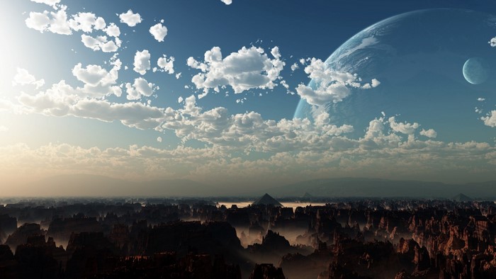 Alien planet landscape with large planet and moon in sky