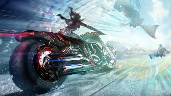 Anime girl on motorcycle with airship and snowboarder