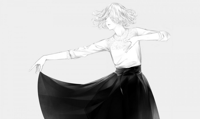 Monochrome illustration of a woman in a black skirt and white top
