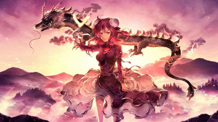 Anime girl with pink hair and dragon in mountains