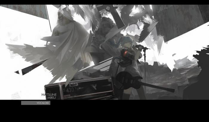 Hatsune Miku from Vocaloid with Guitar and Microphone