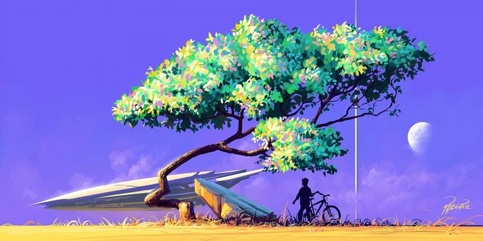 Boy with bicycle under a tree with spaceship and moon