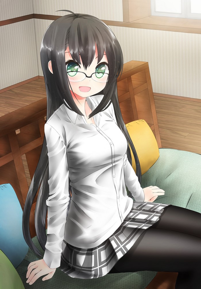Anime girl with glasses and black hair sitting on a couch