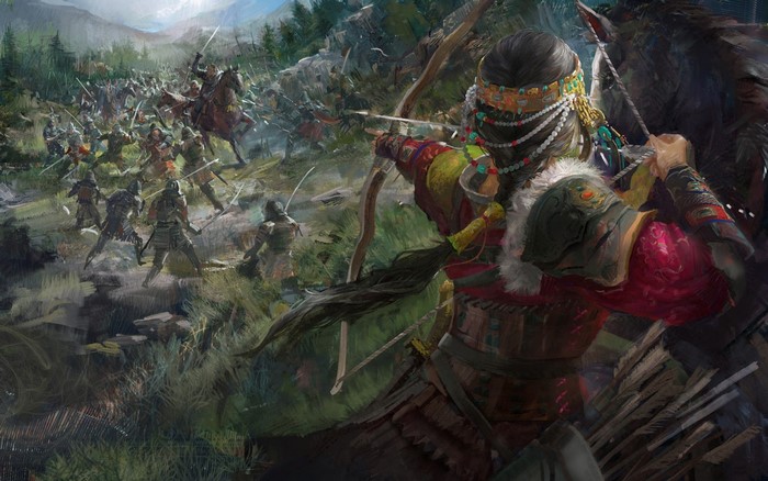 Fantasy battle with archer in foreground