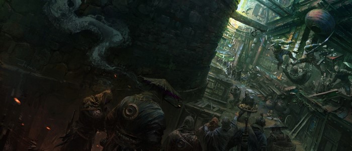 Artwork of a chaotic battle in a dark, multi-level structure