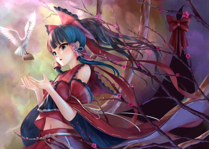 Anime girl with blue hair and red outfit and a bird