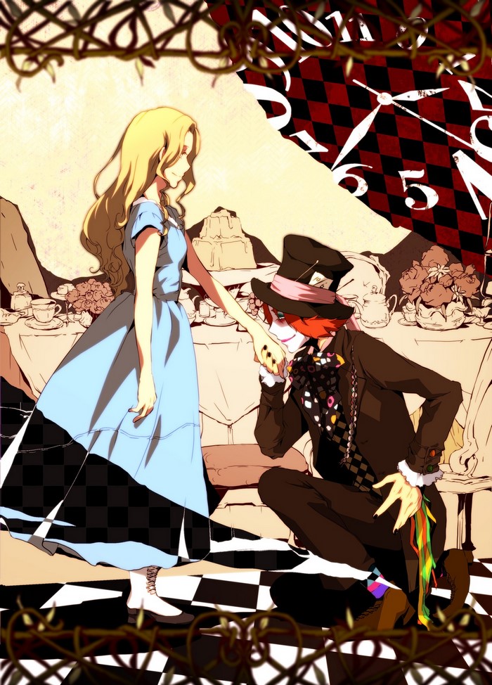 Alice from Alice in Wonderland and the Mad Hatter at a tea party