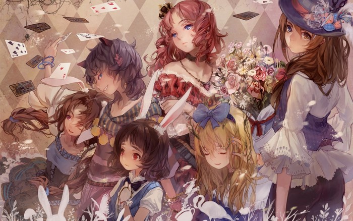 Alice in Wonderland characters with playing cards and flowers