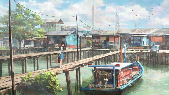Anime girl on a wooden pier with a boat