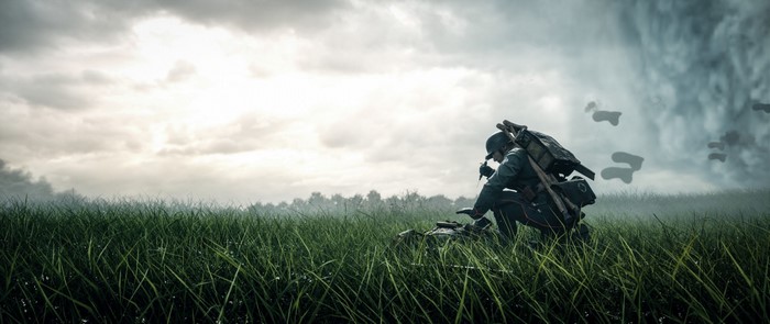 Soldier in a grassy field with stormy skies, Battlefield 1