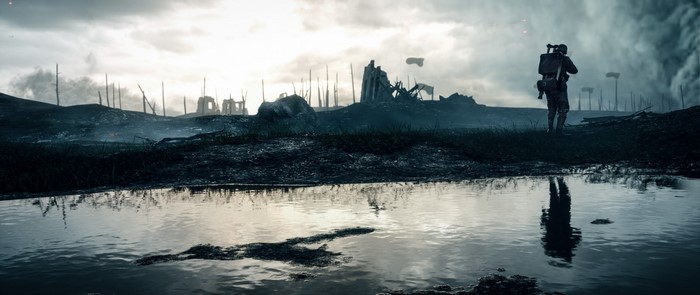 Soldier in a war-torn landscape with ruins and a pond