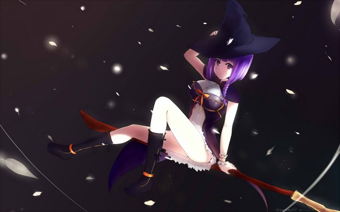 Anime witch with purple hair flying on a broomstick