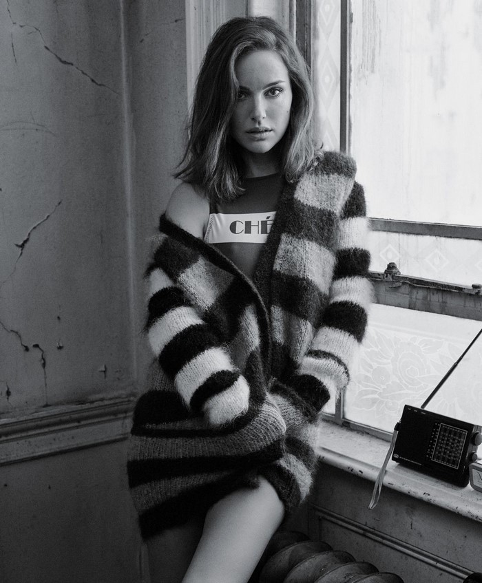 Natalie Portman wearing a striped sweater